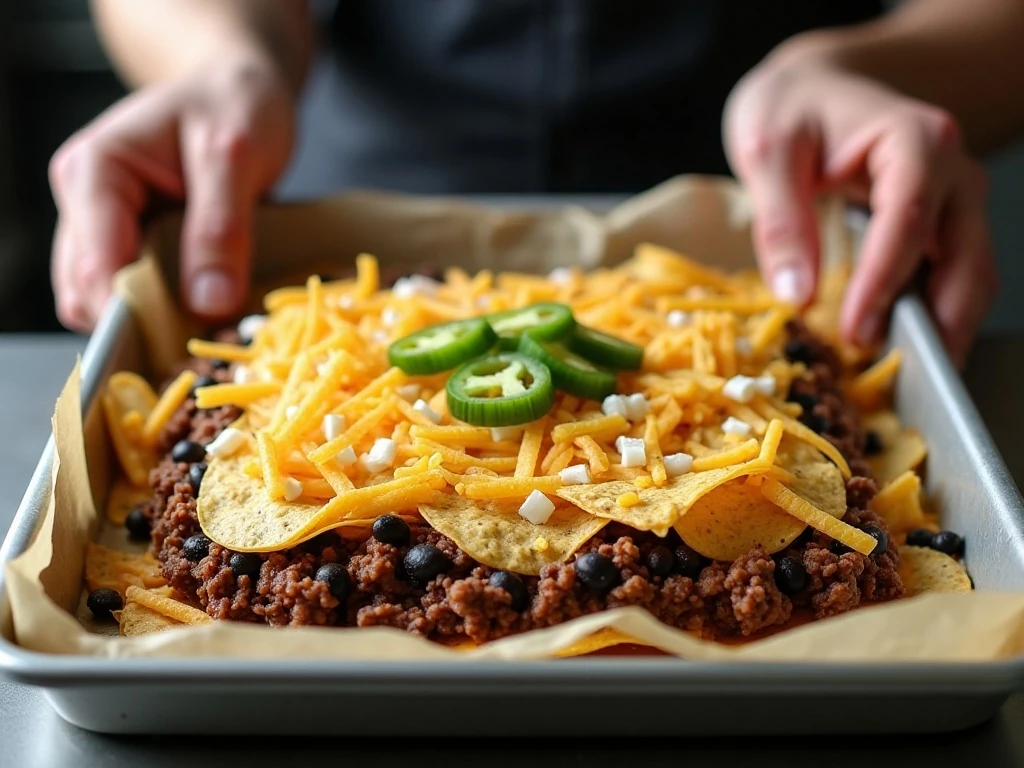 Layering chips and toppings for sheet pan nachos