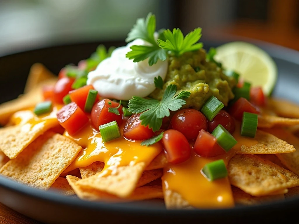 Fresh toppings on hot cheesy nachos