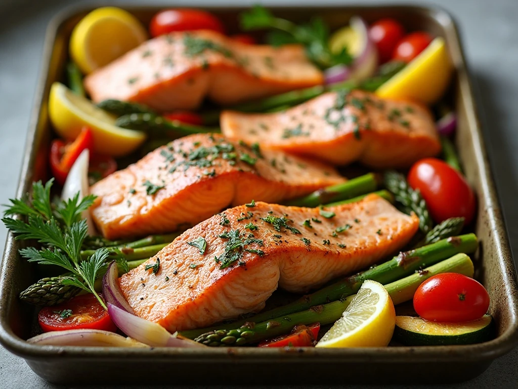 Sheet pan salmon primavera with roasted vegetables and lemon