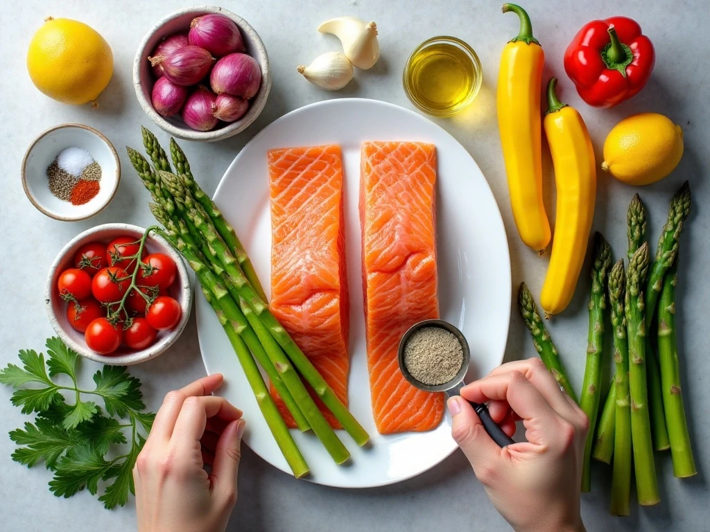 Ingredients for easy sheet pan salmon primavera