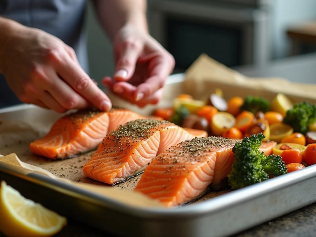 Adding seasoned salmon to the roasting vegetables on a sheet pan