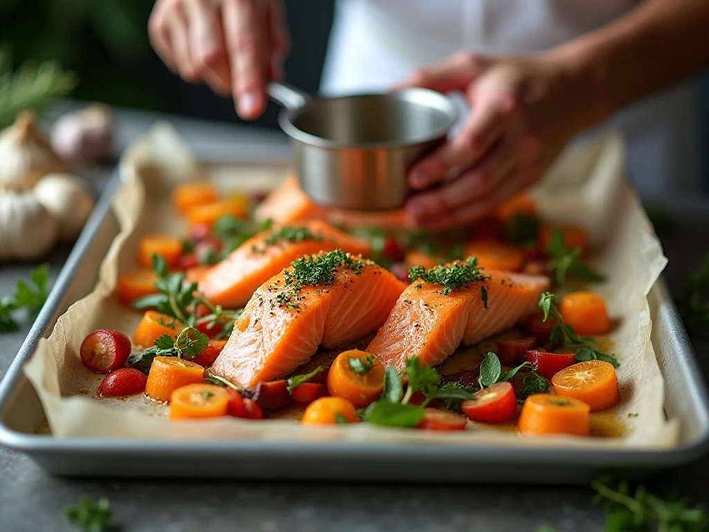 Salmon and vegetables arranged in a single layer for roasting