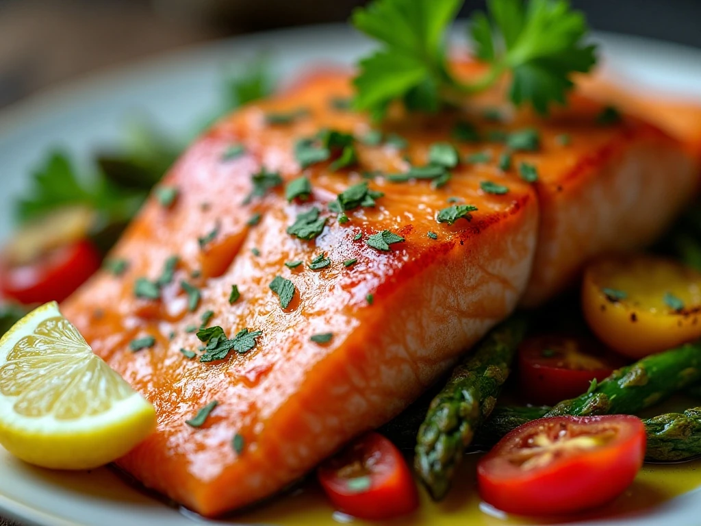 Flaky salmon primavera finished with parsley and lemon