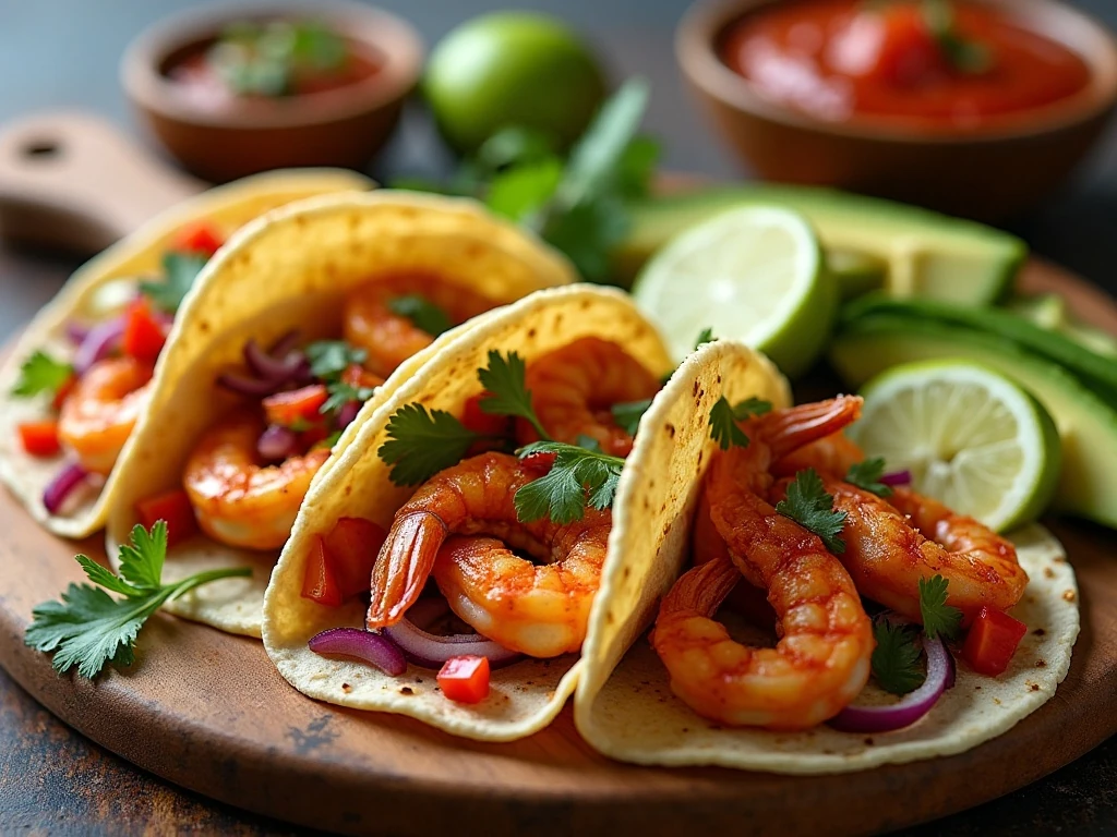 Sheet pan shrimp fajitas served with tortillas and fresh toppings