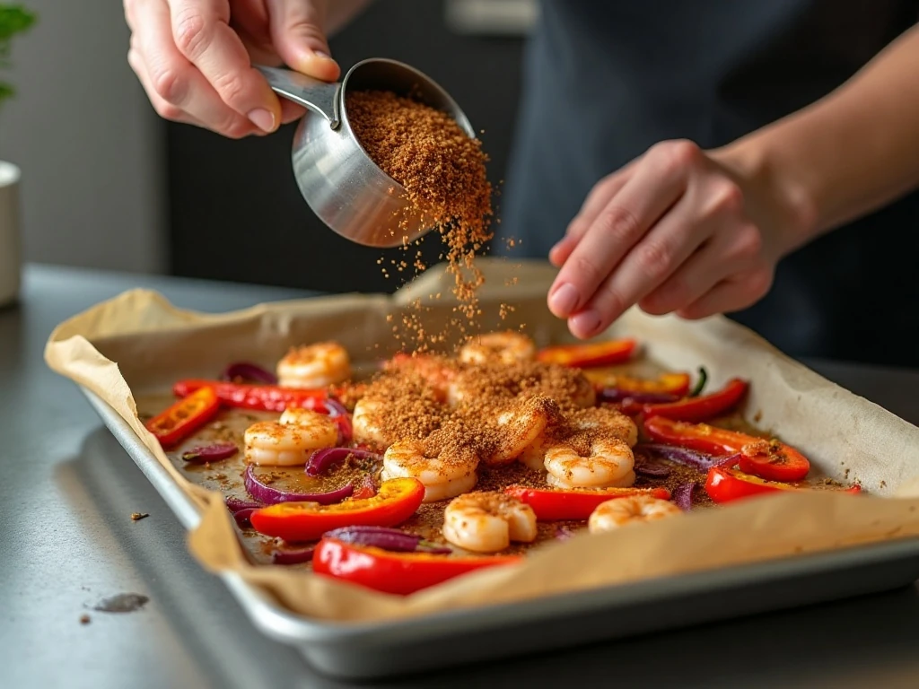 Adding seasoned shrimp to roasted fajita vegetables on a sheet pan