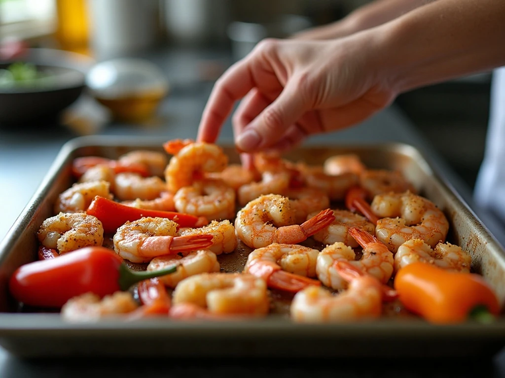 Shrimp and vegetables spaced on a sheet pan for roasting