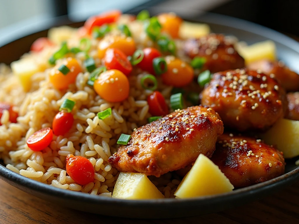Sheet pan teriyaki chicken and pineapple fried rice served family style