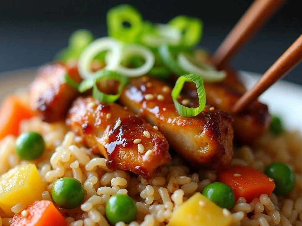 Teriyaki chicken pineapple fried rice garnished with scallions and sesame seeds