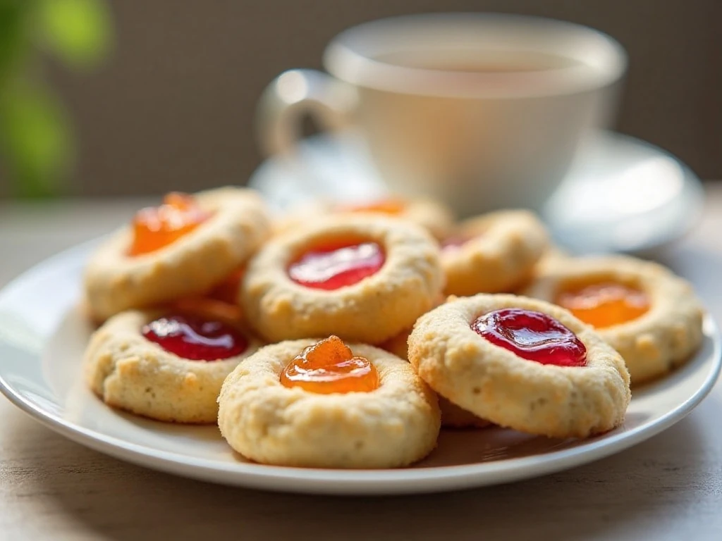 Plate of buttery shortbread thumbprint cookies filled with colorful jam