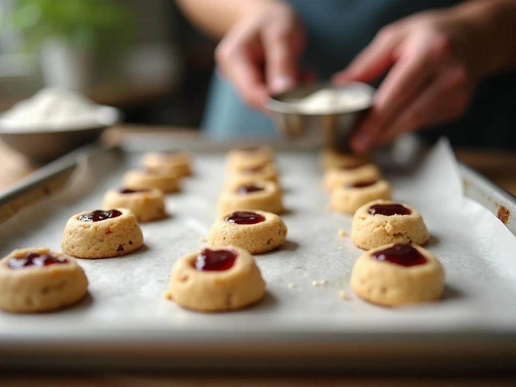Forming wells in shortbread cookie dough before adding jam