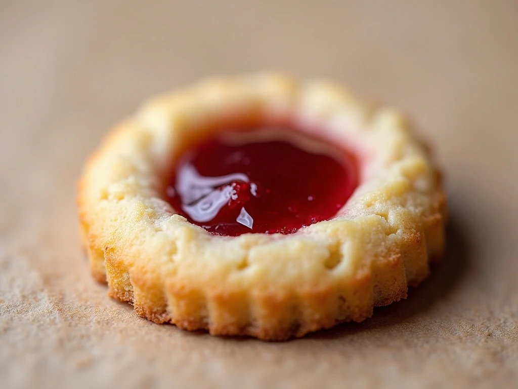 Close-up of a perfectly filled shortbread thumbprint cookie