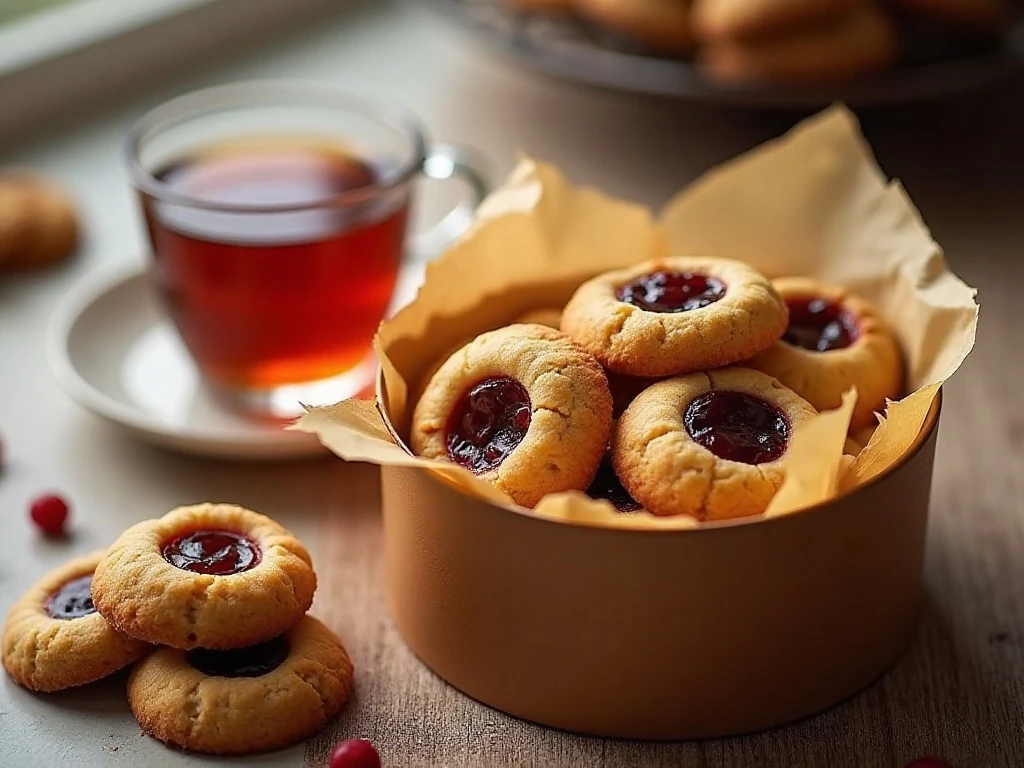 Shortbread thumbprint cookies arranged for serving and storage