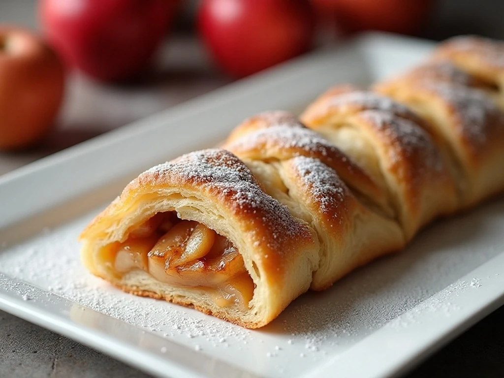 Golden shortcut apple strudel dusted with powdered sugar