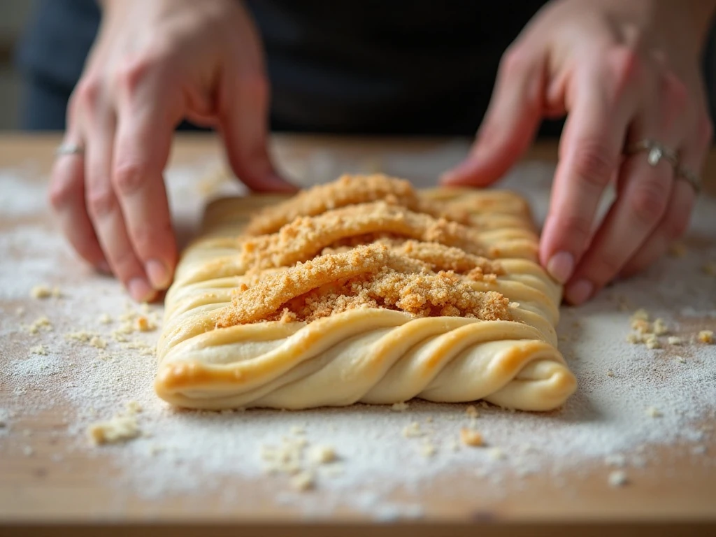 Preparing puff pastry strips around apple strudel filling