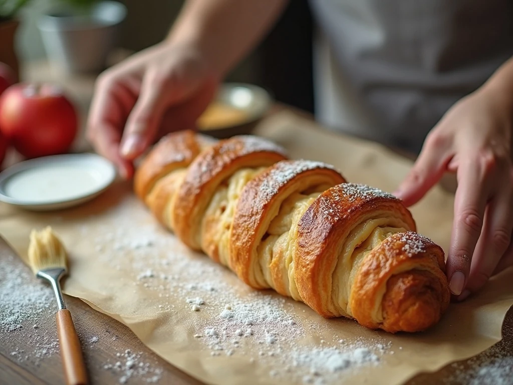 Braided apple strudel prepared with egg wash before baking