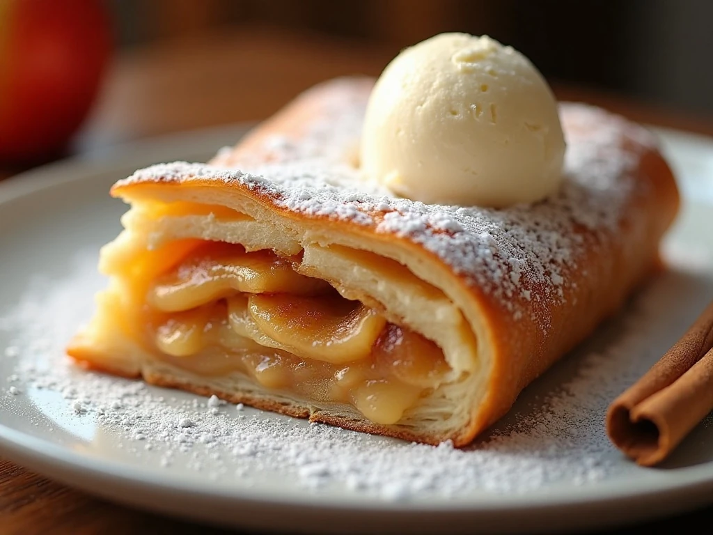 Warm apple strudel slice with powdered sugar and ice cream