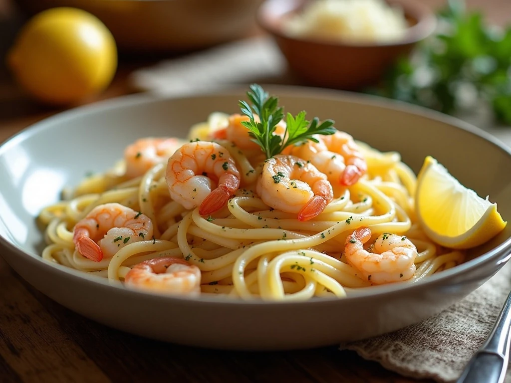 Creamy shrimp Alfredo linguine served in a bowl
