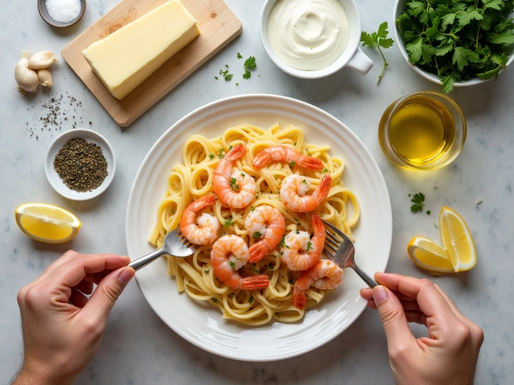 Ingredients for shrimp Alfredo linguine arranged on a counter