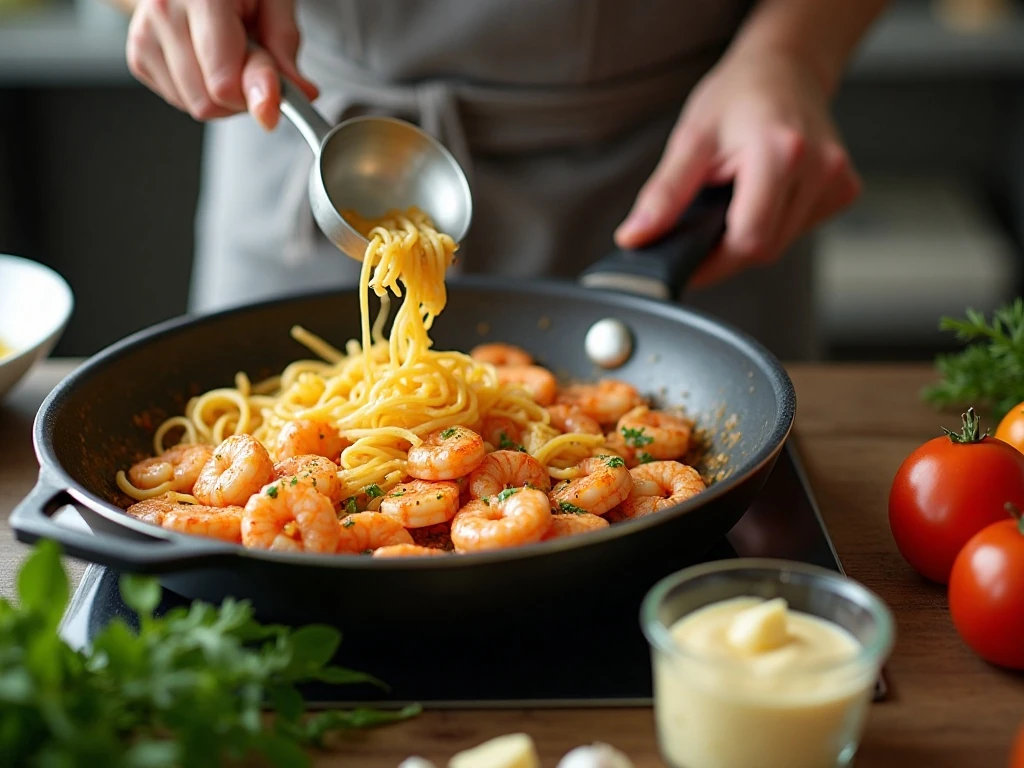 Shrimp cooking in a skillet for creamy Alfredo linguine