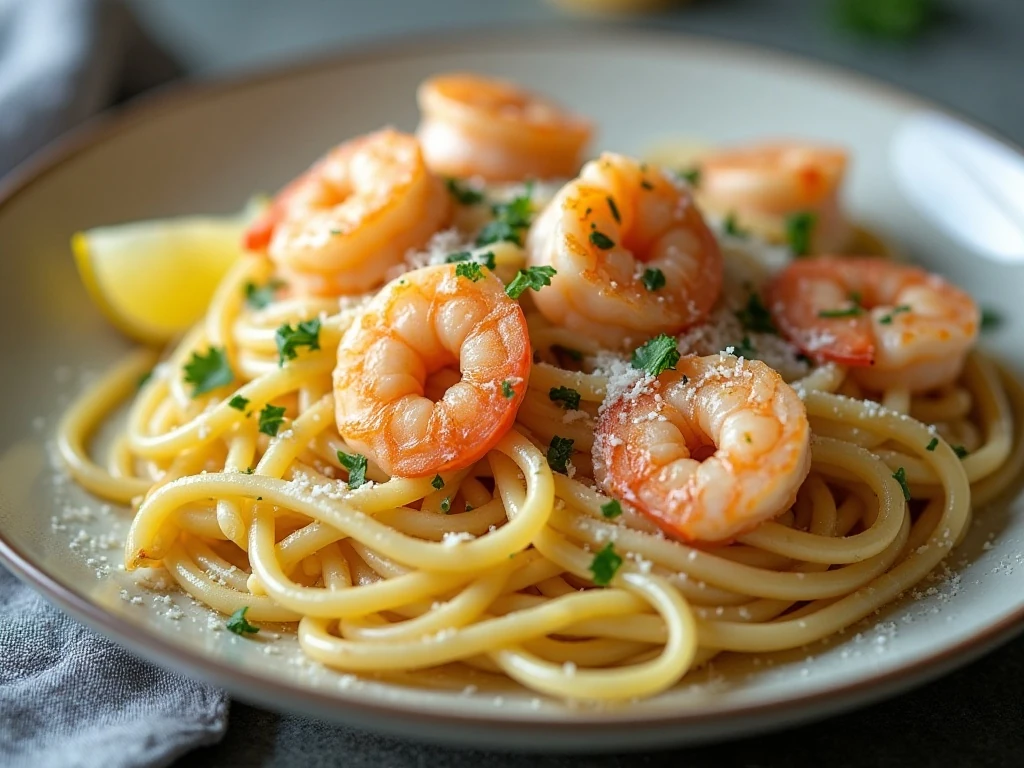Shrimp Alfredo linguine garnished with parsley, Parmesan, and lemon