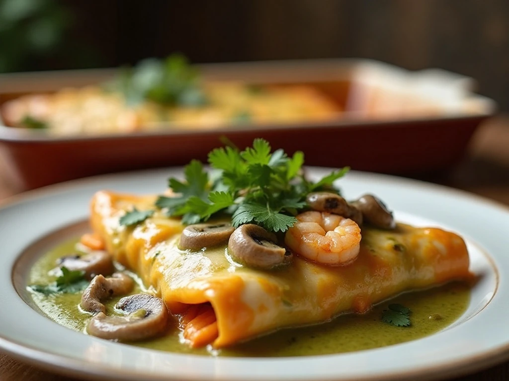 Creamy shrimp and mushroom enchiladas served with green sauce and melted cheese