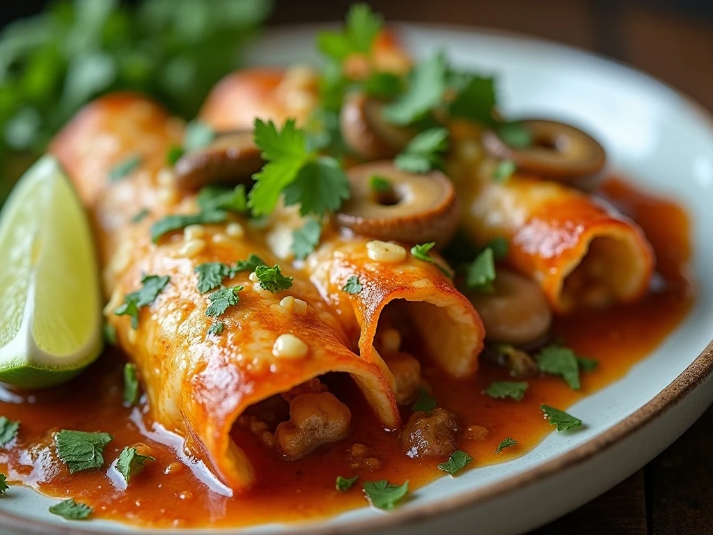Cheesy shrimp and mushroom enchiladas garnished with cilantro and lime