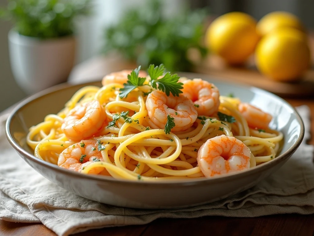 Garlic lemon shrimp pasta served in a bowl