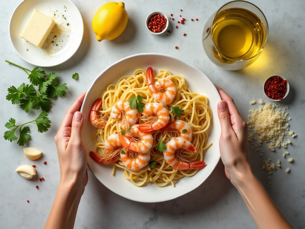 Ingredients for shrimp and pasta with lemon garlic sauce