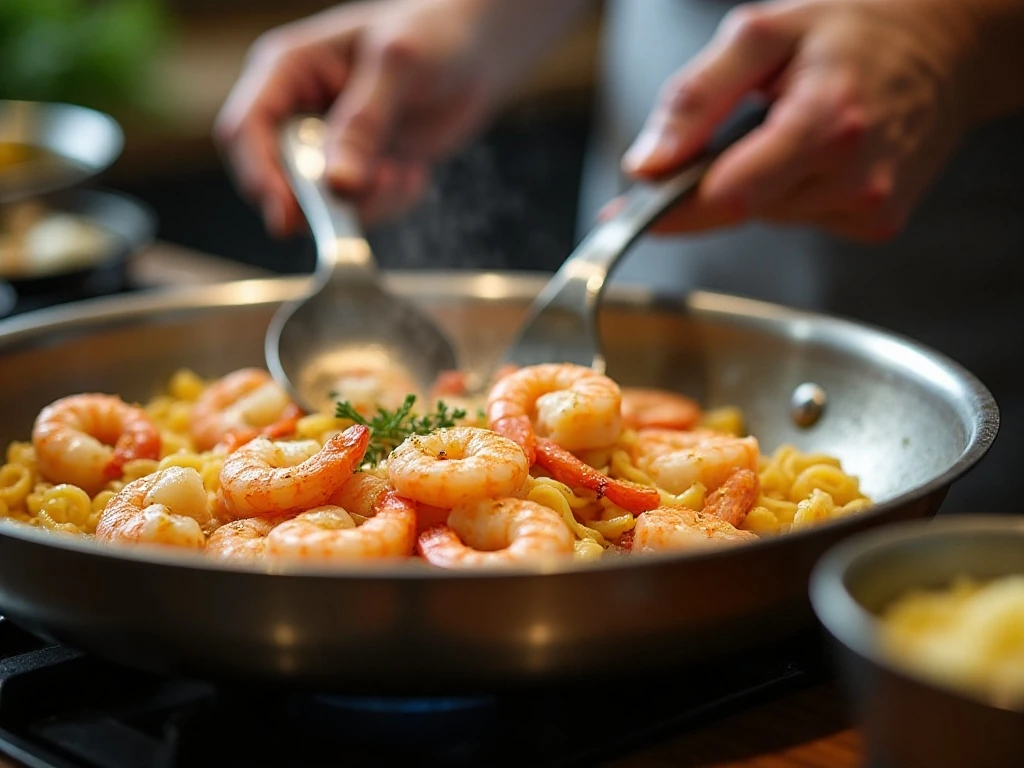 Shrimp cooking in a skillet for pasta