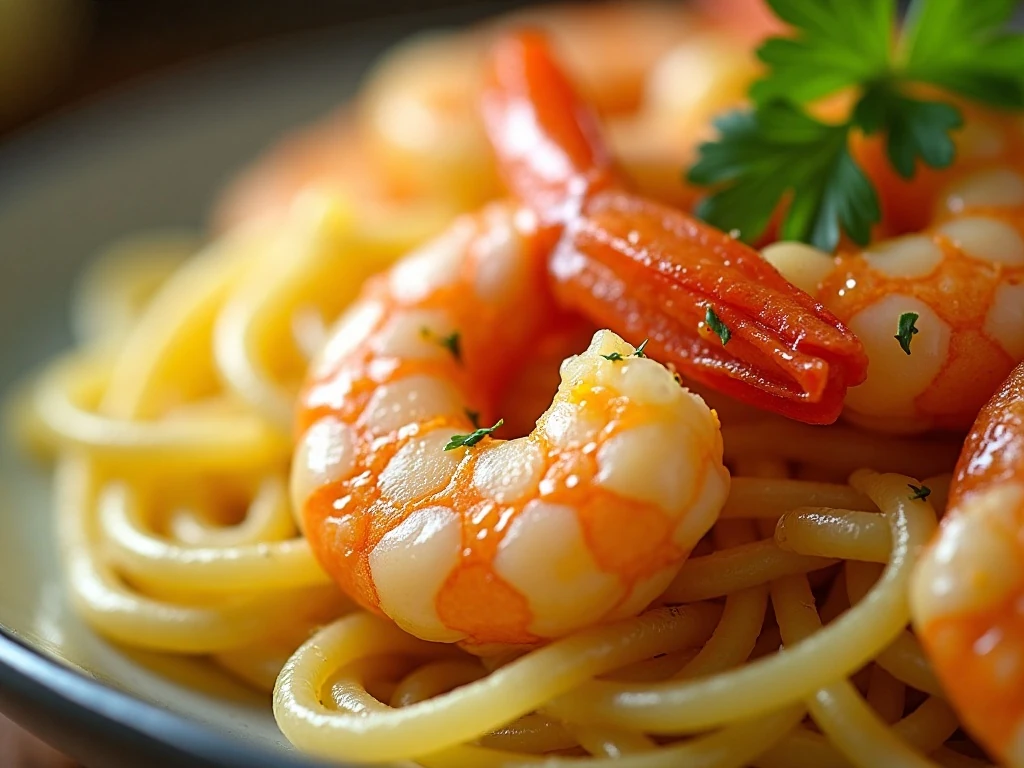 Tender shrimp and glossy pasta with parsley and lemon zest