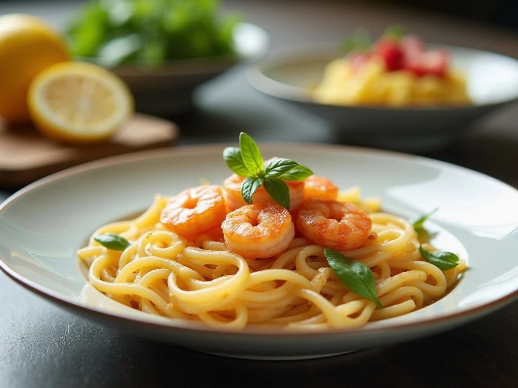 Shrimp pasta dinner served with sides