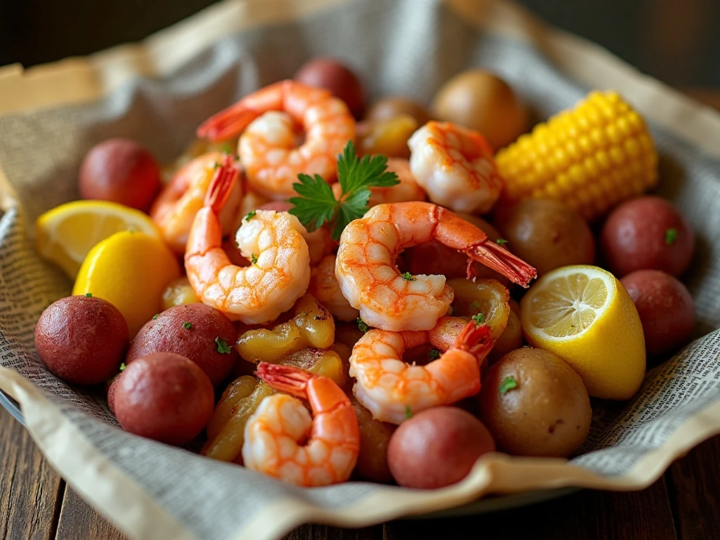 Classic Southern shrimp boil served family-style with shrimp, potatoes, corn, and sausage