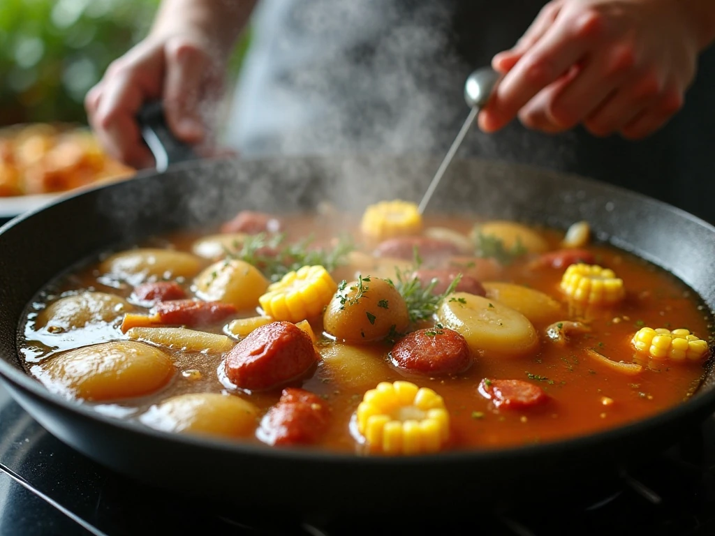 Cooking potatoes, sausage, and corn in seasoned shrimp boil broth