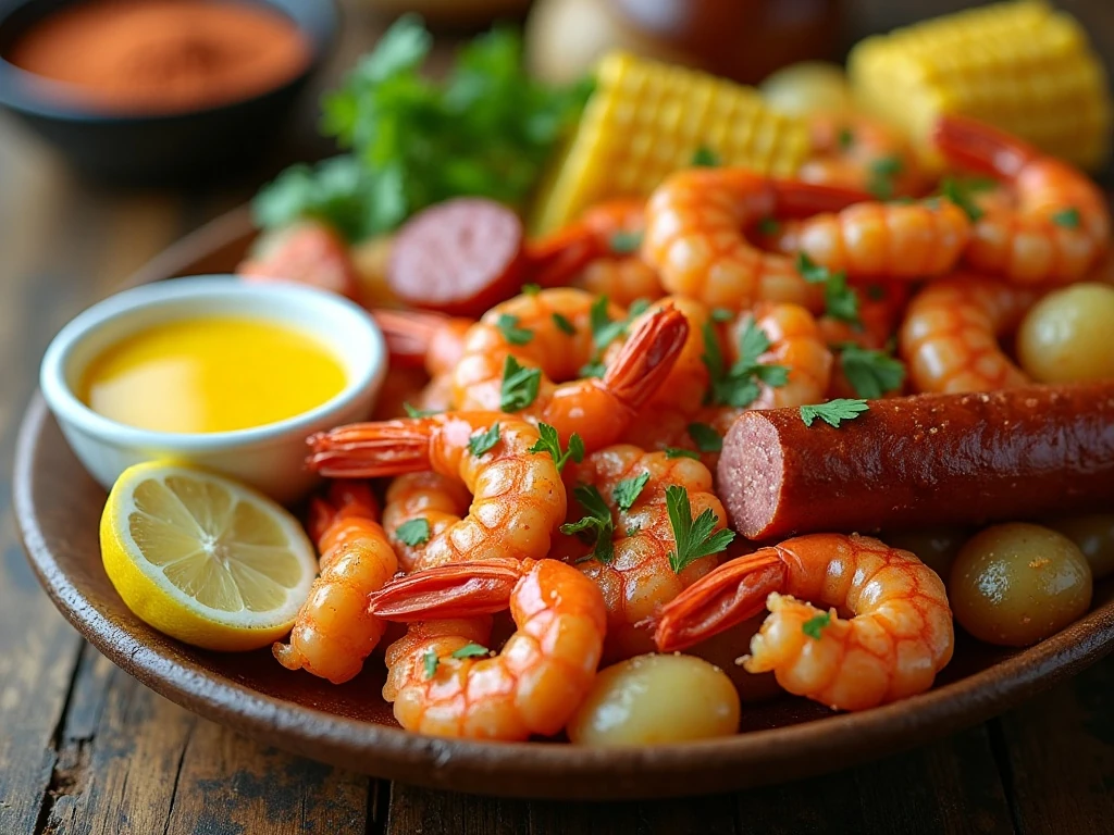 Shrimp boil served with lemon wedges, parsley, melted butter, and seasoning