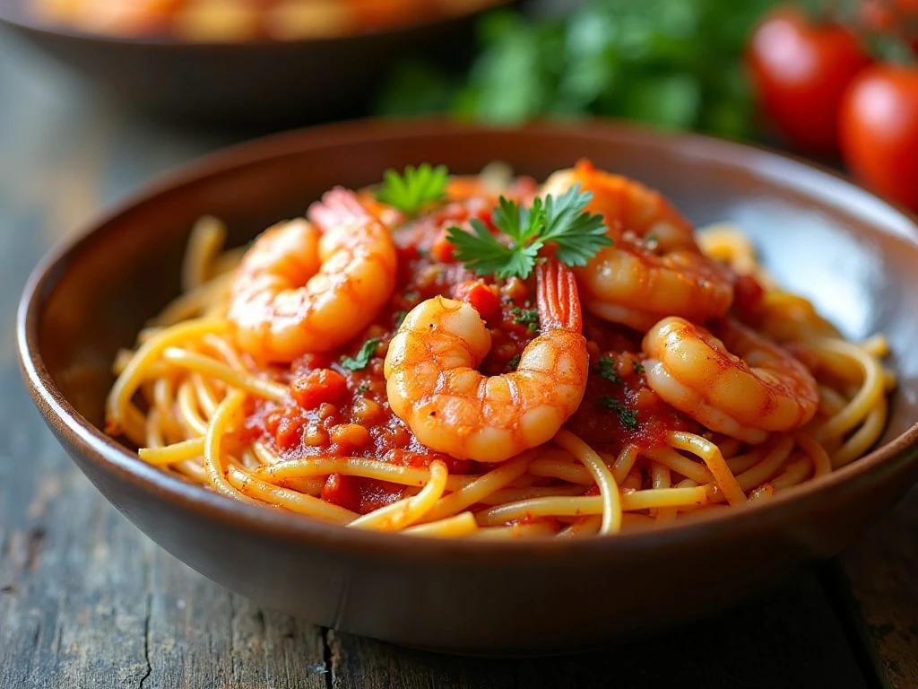 Spicy shrimp fra diavolo served over linguine
