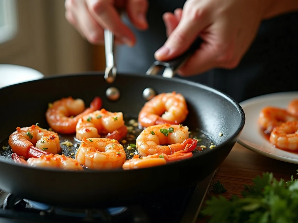 Shrimp briefly cooking with garlic and red-pepper flakes