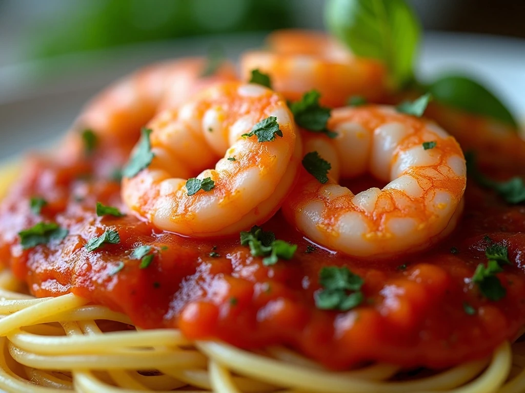 Garnished shrimp fra diavolo with parsley and basil