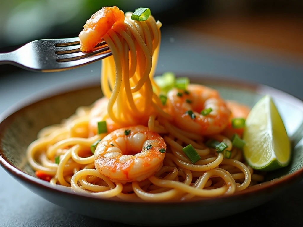 Bowl of easy garlic shrimp noodles with tender shrimp and green onions