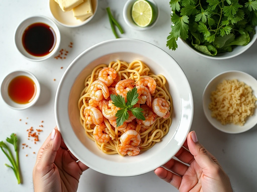 Ingredients for garlic shrimp noodles arranged in a flat lay