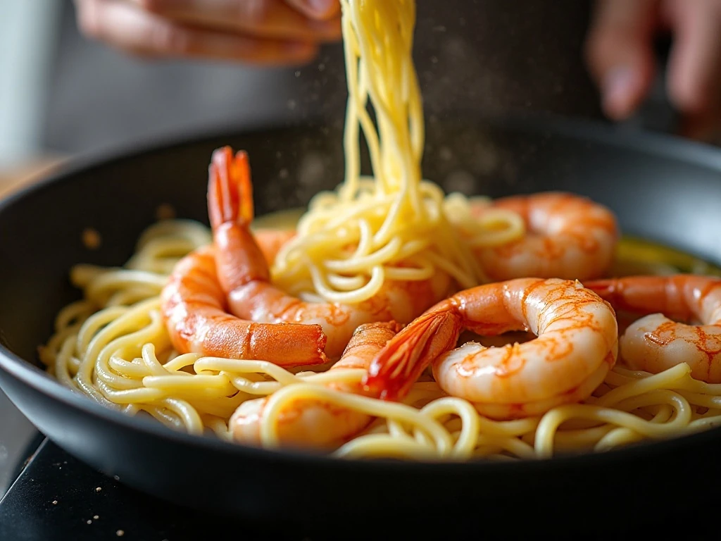 Shrimp and garlic butter cooking in a skillet for noodle dinner