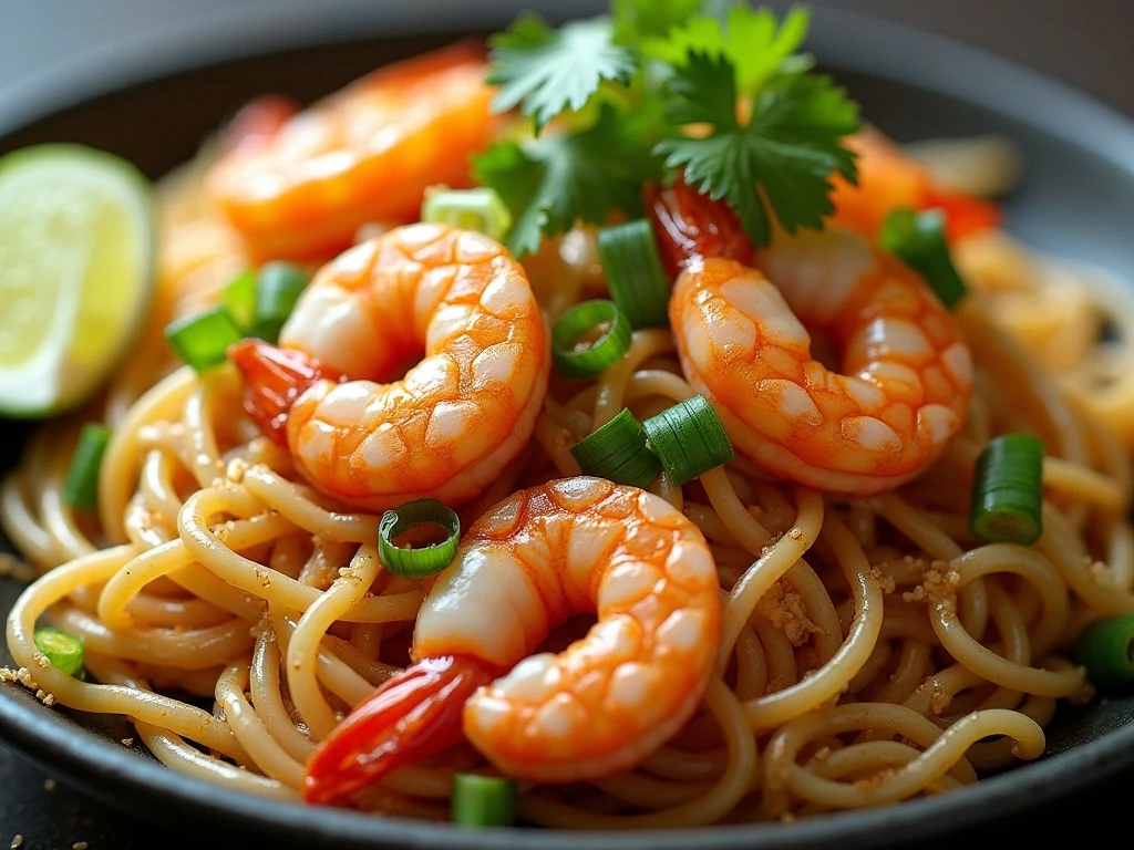 Close-up of tender shrimp and glossy garlic noodles with fresh garnish