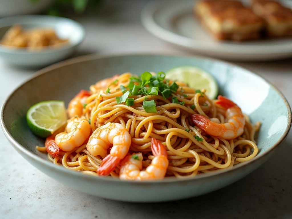 Served portion of garlic shrimp noodles ready for dinner