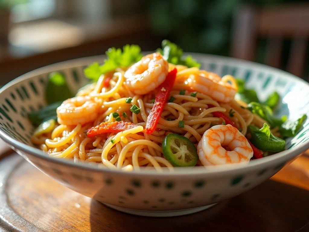 Bowl of easy shrimp lo mein with noodles, vegetables, and tender shrimp