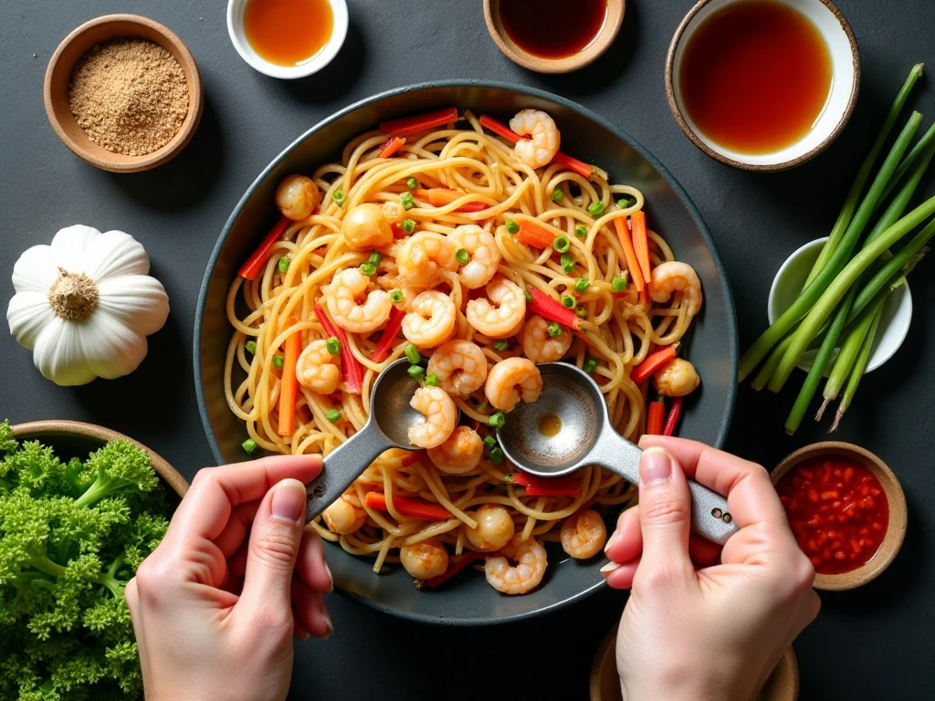 Ingredients for 15-minute shrimp lo mein arranged for cooking