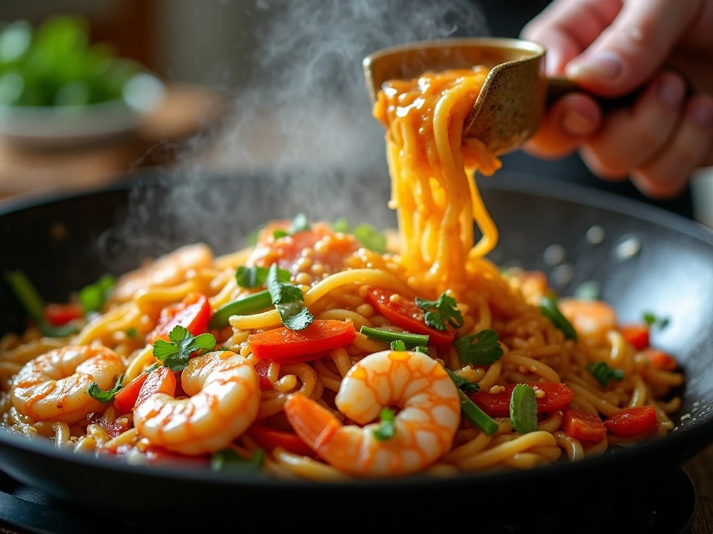 Noodles and shrimp being tossed with lo mein sauce in a skillet