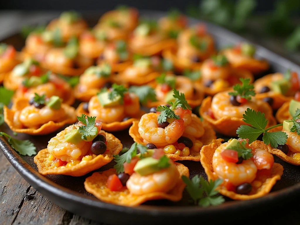 Platter of colorful shrimp nacho bites ready to serve