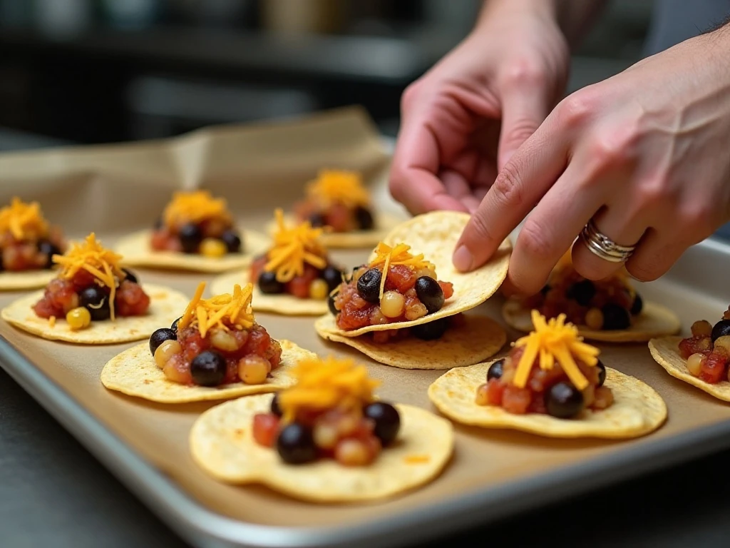 Assembling shrimp nacho bites before baking