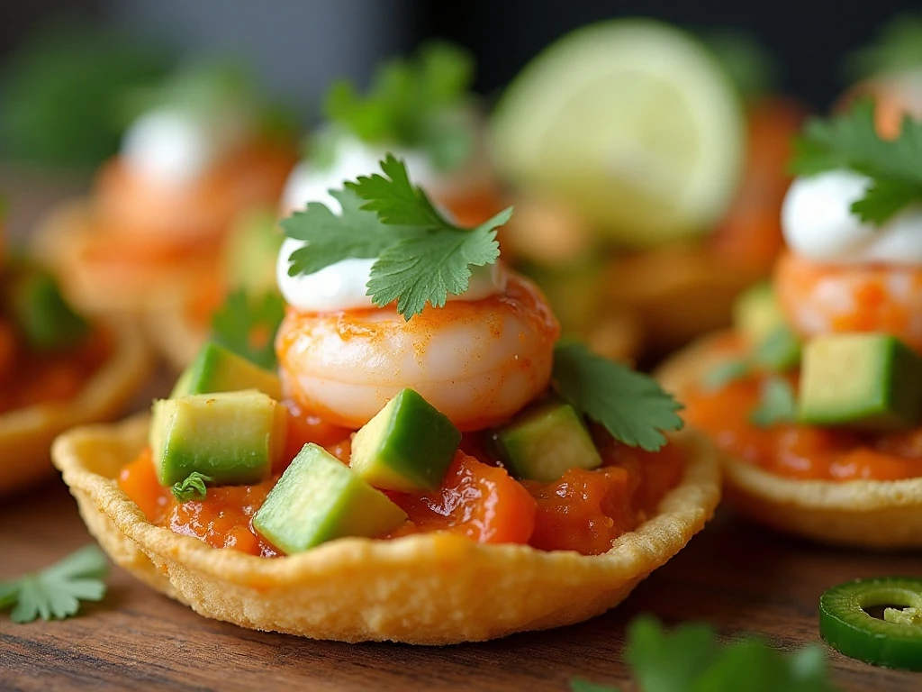 Fresh avocado and cilantro garnish on shrimp nacho bites