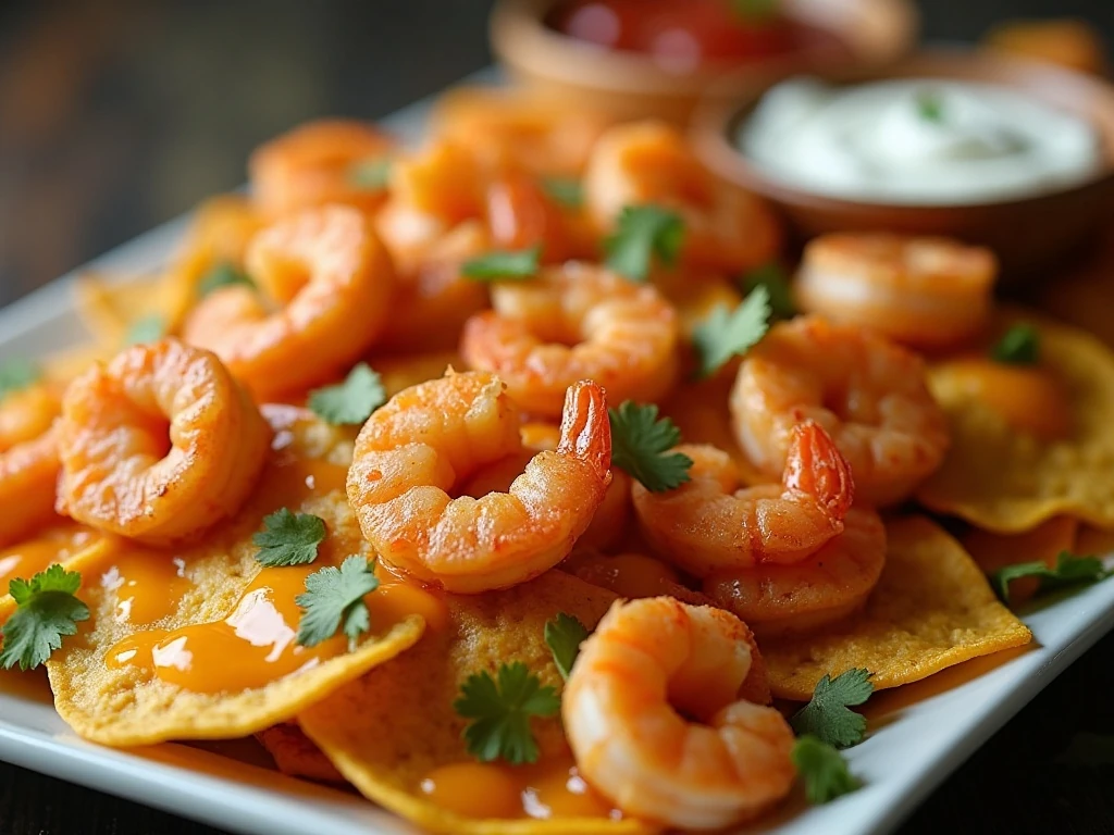 Shrimp nacho bites served warm with dipping toppings