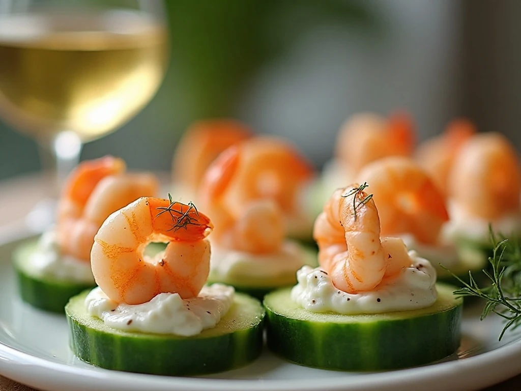 Shrimp cucumber appetizers arranged on a party platter